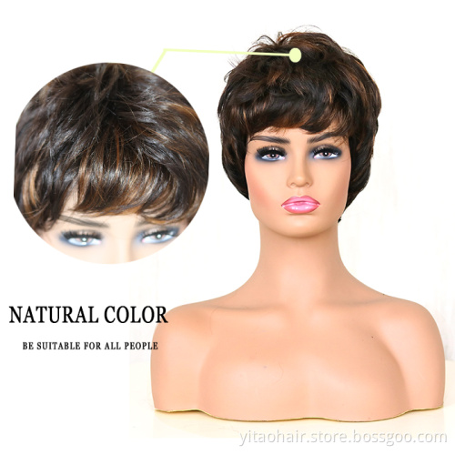 Whosale price short cut pixie wigs Ombre colored synthetic hair wigs with bangs for women